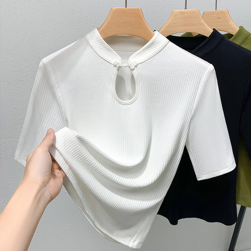 Dame kortærmet shirt med elegant nøgleudskæring og moderigtigt ribdesign Stilla