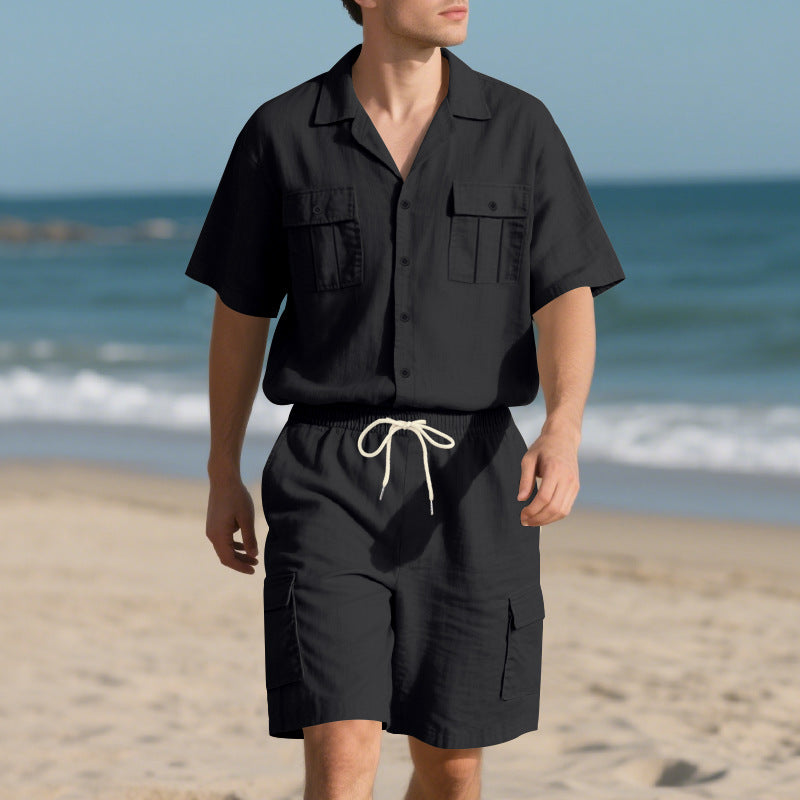 Herre afslappet strandskjorte sæt med praktiske cargo shorts og stilfuld krave Stilla