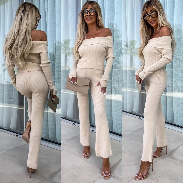 Kvindernes elegante strikket dragt med off-shoulder design og bredde ben Skovae