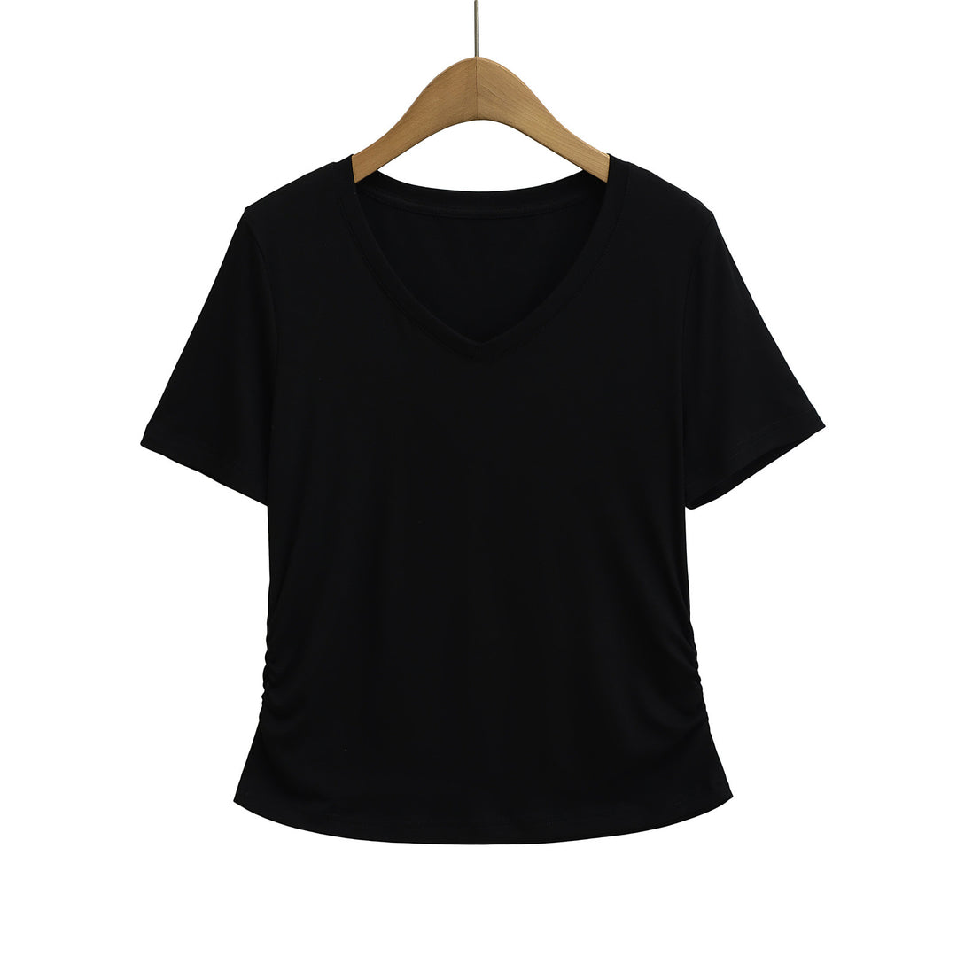 Dame afslappet kortærmet V-hals T-shirt med ruching Stilla