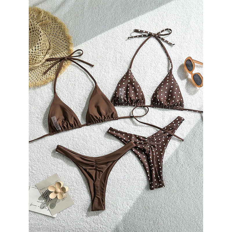 Dame triangel-bikini-sæt med rynkedetaljer og prikket design Skovae