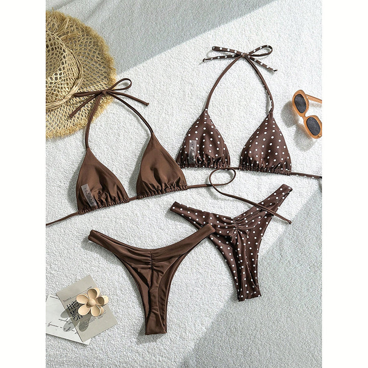Dame triangel-bikini-sæt med rynkedetaljer og prikket design Skovae
