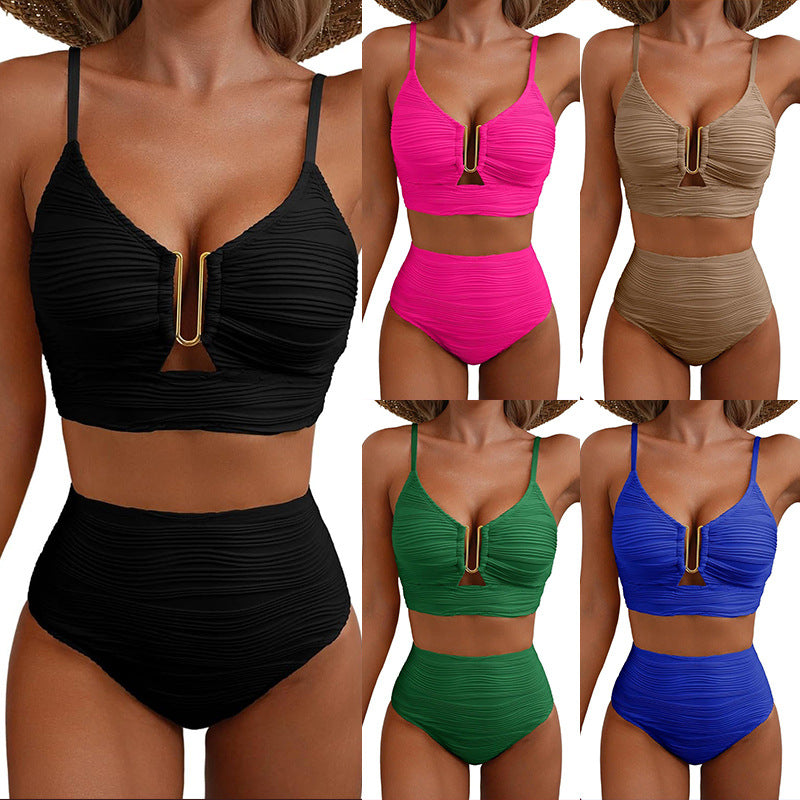 Dame Højtaljet Bikini-sæt med elegant rufflesdesign og moderne V-udskæring Stilla