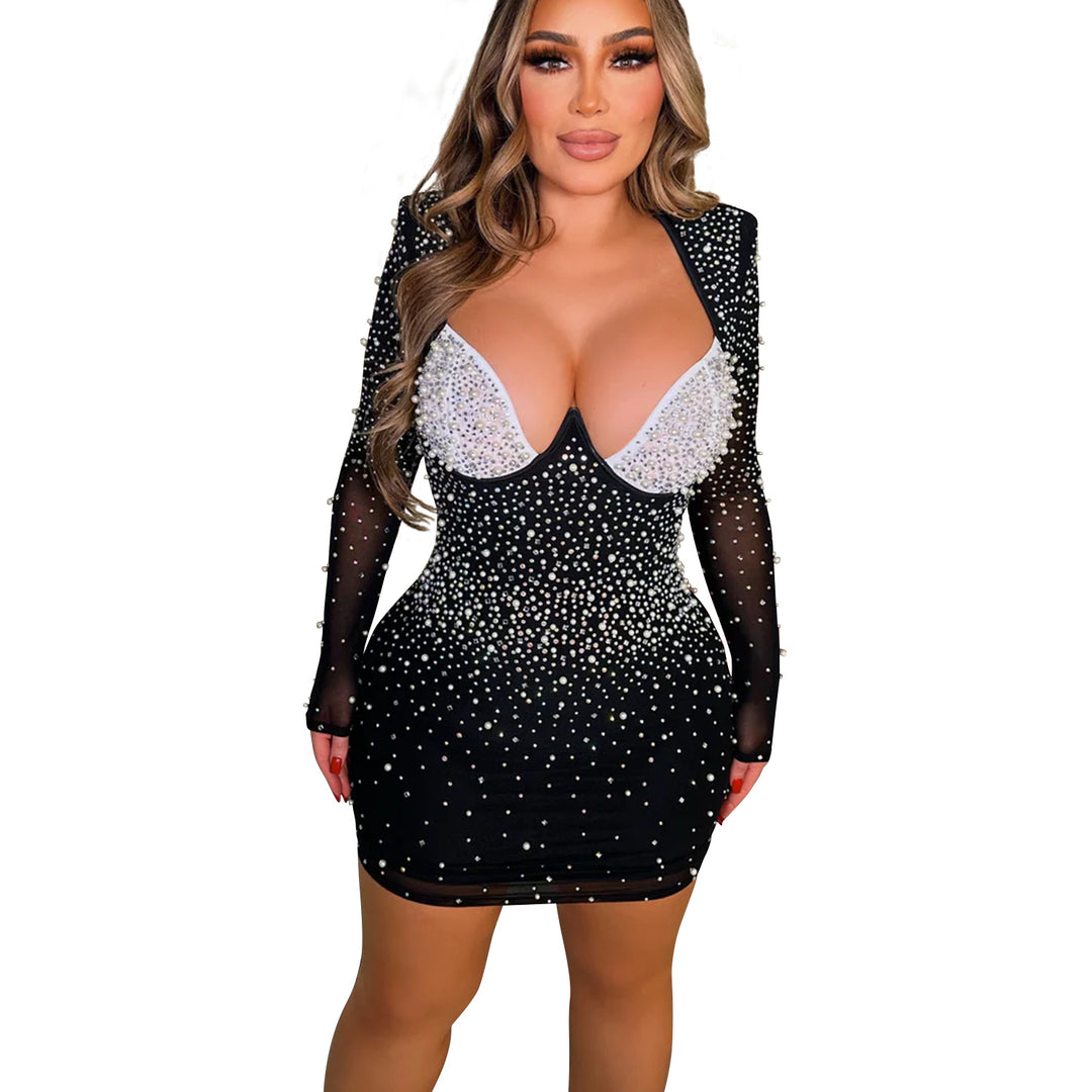Dame Glitrende Bodycon-kjole med lange ærmer og dyb udskæring Stilla