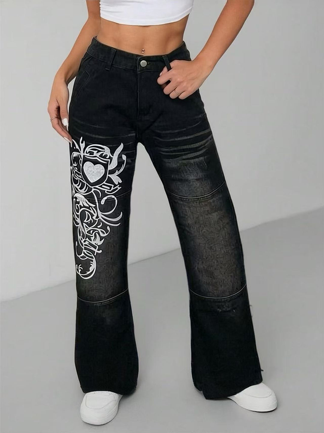Dame baggy jeans med kunstnerisk tryk Skovae