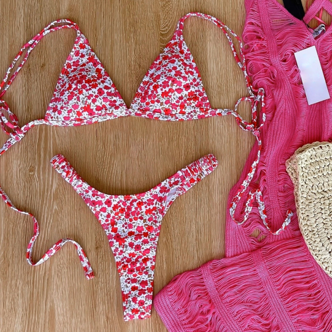 Dame triangel bikini med blomsterdesign og justerbare stropper Skovae