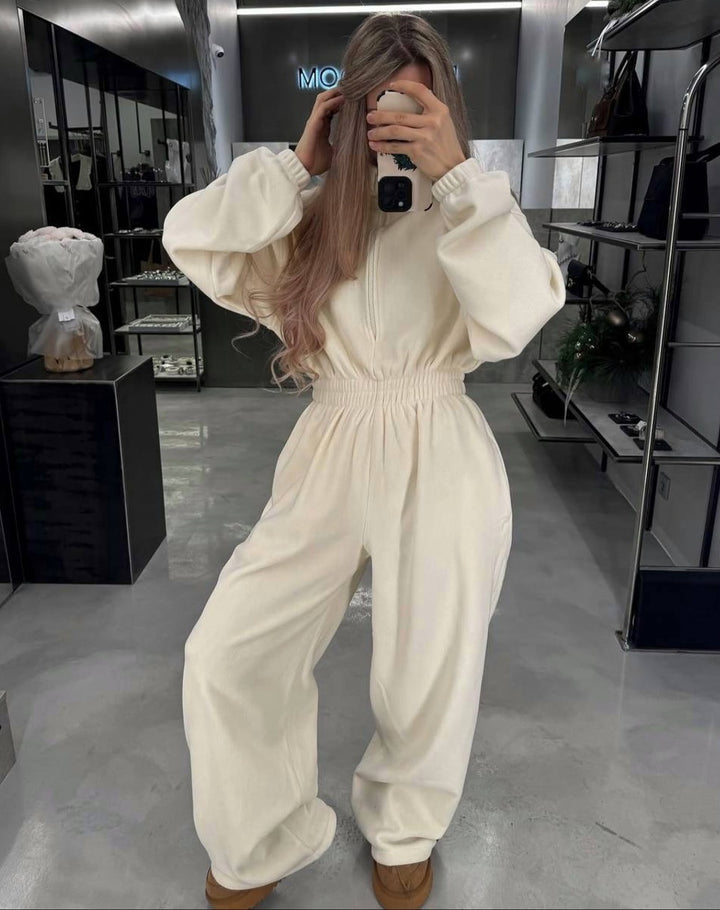 Kvinders fleece jumpsuit med høj krave og elastisk talje