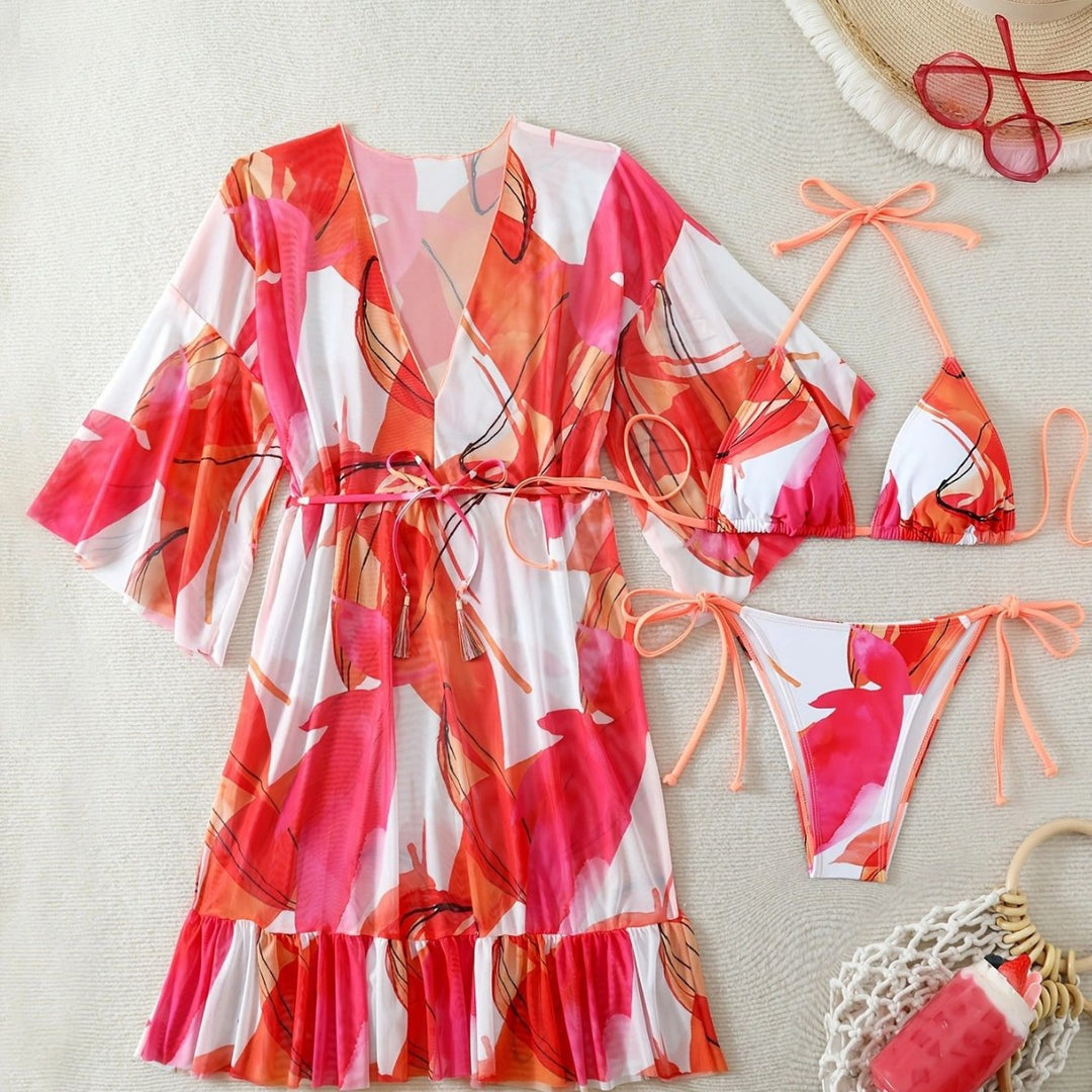 Dame bikinisæt med blomster kaftan Skovae