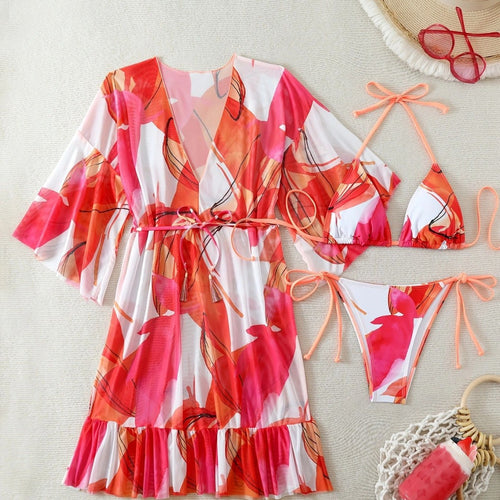 Dame bikinisæt med blomster kaftan Skovae