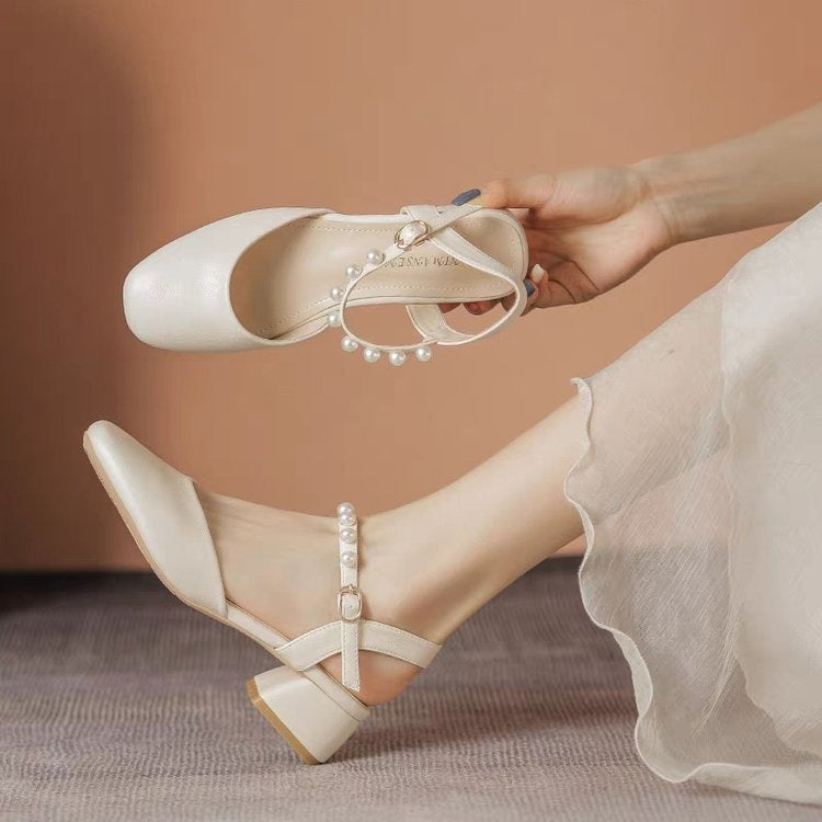 Dame elegante Slingback-pumps med perleprydelse og komfortabel blokhæl Stilla