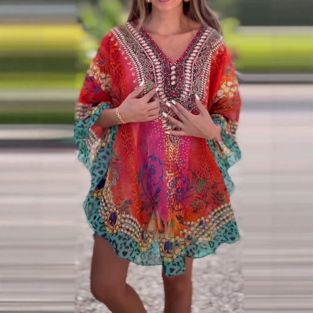Dame nan kort tunika-kaftan med udsmykket V-udskæring og blomster-dyrisk kant Skovae