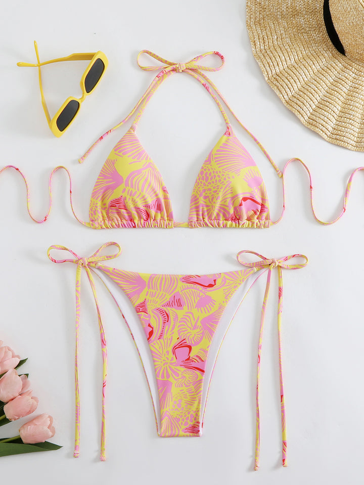 Dame Cropped Triangle-Bikini-Sæt med florale mønstre og justerbare bånd Stilla