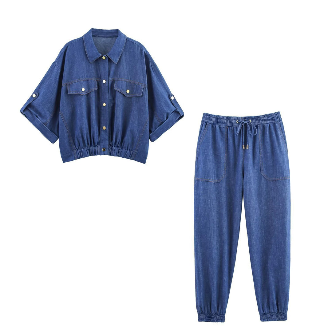 Damer casual denim sæt med crop bluse og elastiske bukser Skovae