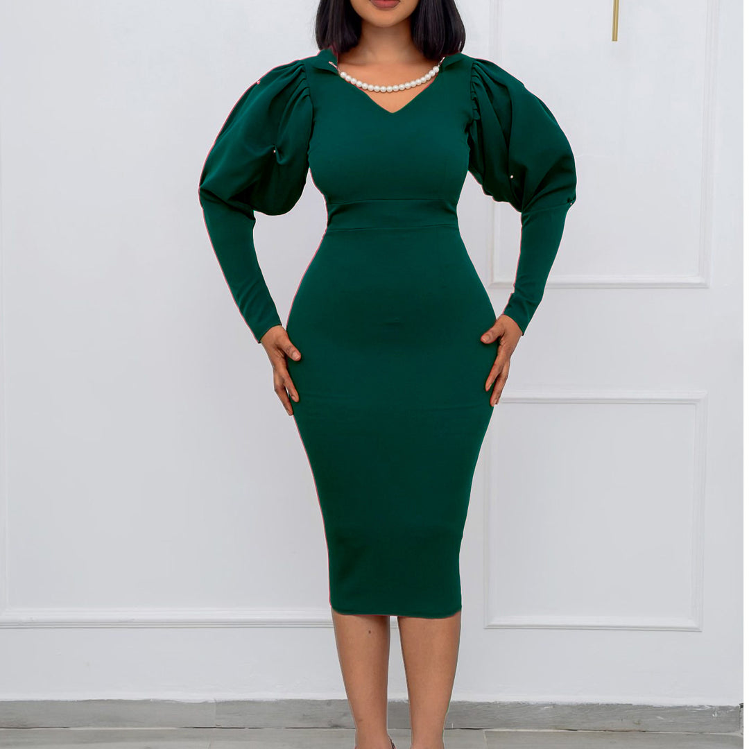 Dame Elegant pencil skirt kjole med voluminøse pufærmer og skinnende pynt Stilla
