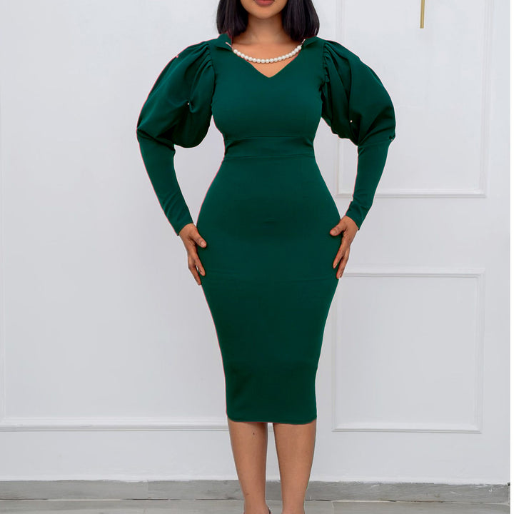 Dame Elegant pencil skirt kjole med voluminøse pufærmer og skinnende pynt Stilla