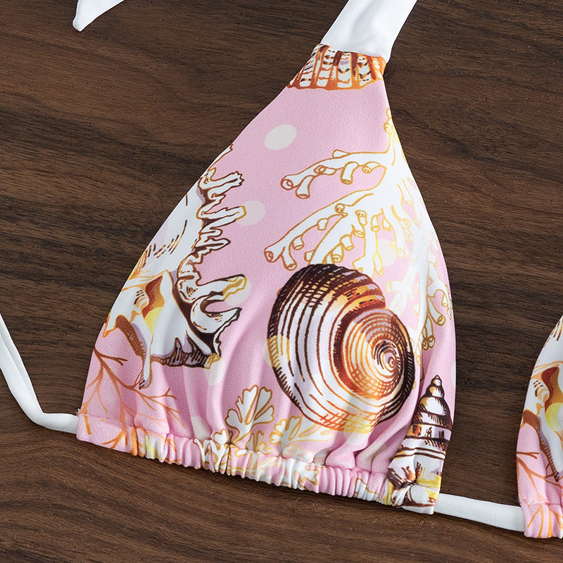 Dame triangel-bikini med trendy muslingemønster og raffinerede stropper Skovae