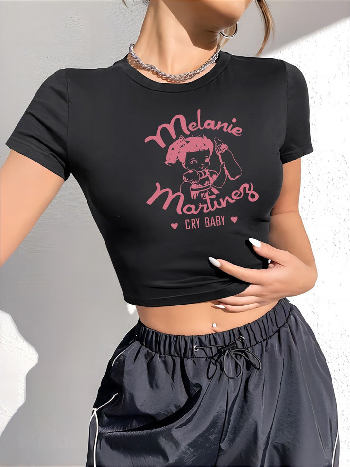 Dame Crop-T-Shirt med kreativt øjenmotiv og tourtryk Skovae