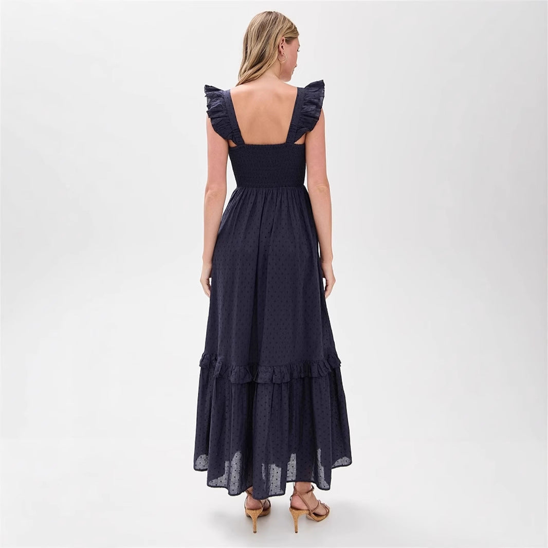 Dame Maxikjole med ruffles detaljer og dyb udskæring Stilla