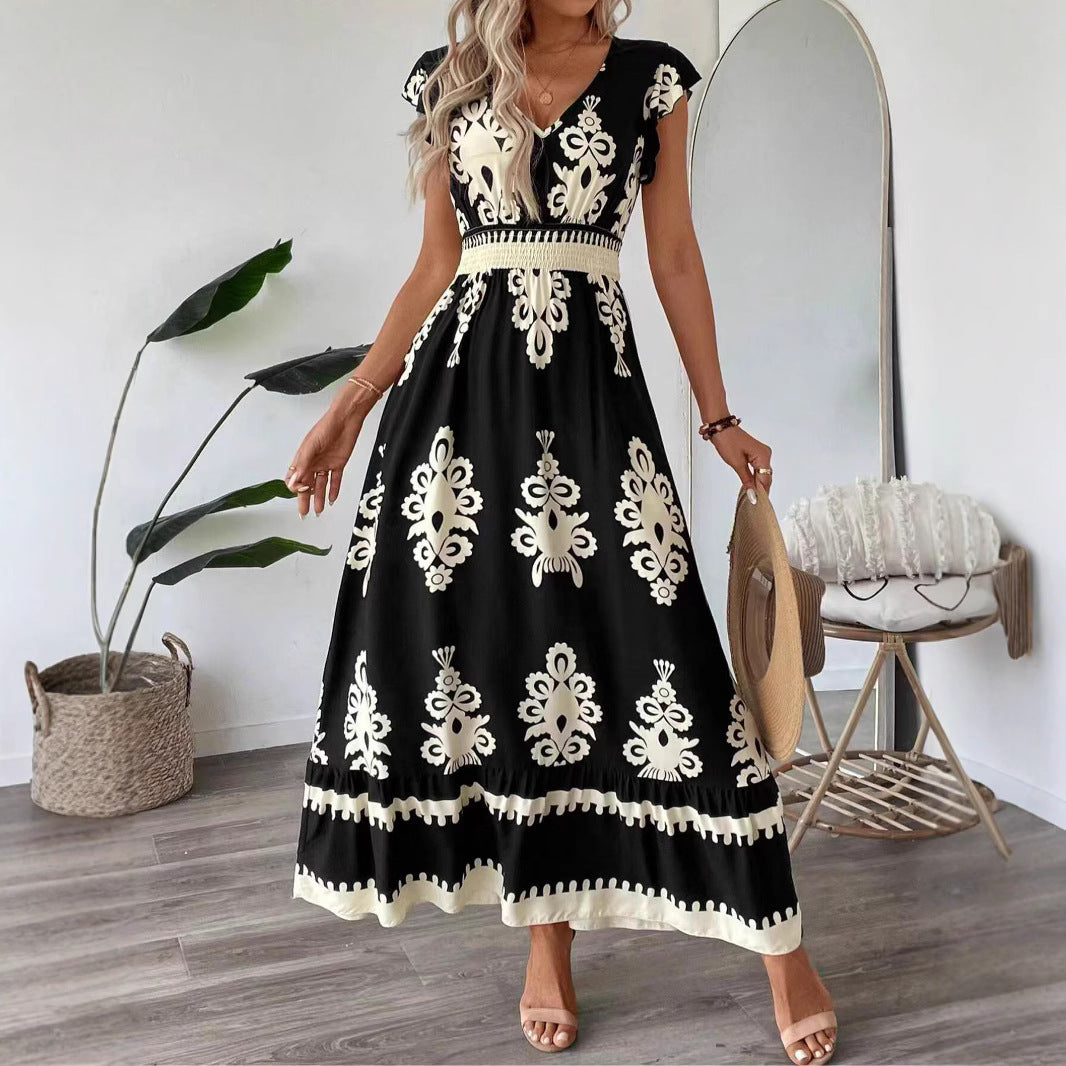 Kvinder Bohemian Blomster Maxi Kjole med Smock-talje Stilla