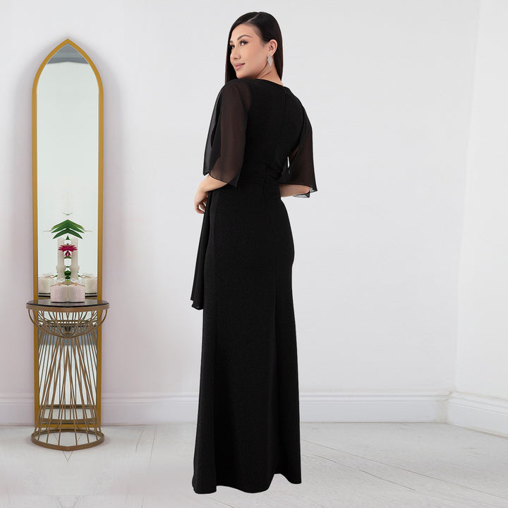 Dame Elegant omslagkjole med gennemsigtige ærmer og høj slids Stilla