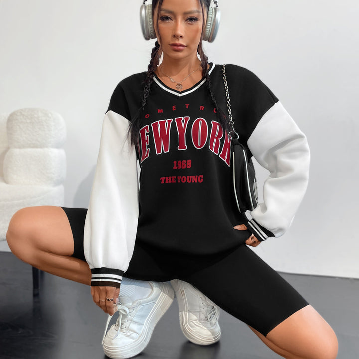 Kvinders casual sweatshirts med V-hals og sporty bogstaver Stilla