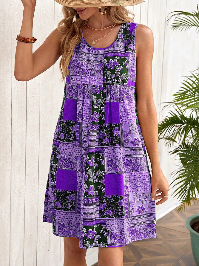 Dame Patchwork Floral A-linje Mini Kjole Stilla