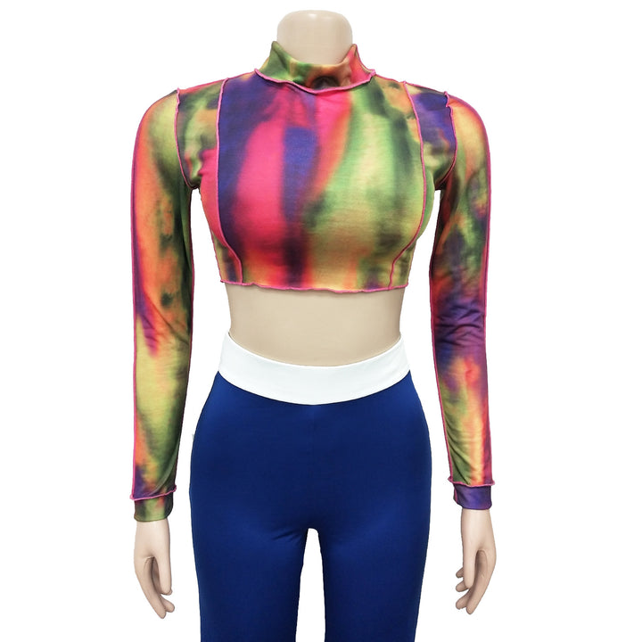 Dame Trendy Crop-Top med farverigt mønster og høj krave Stilla