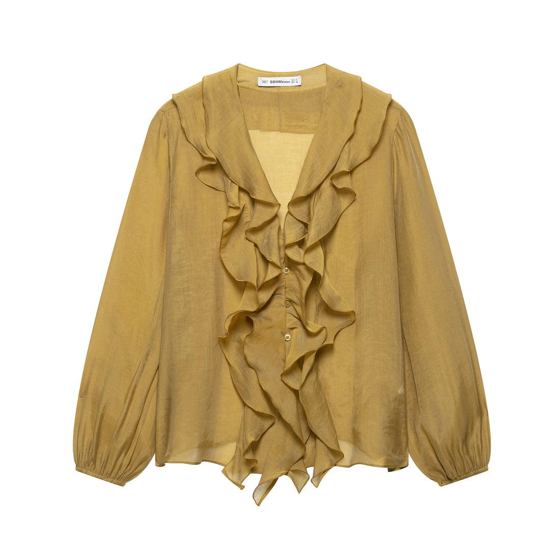 Femme Rufflesilke bluse med knaplukning Stilla