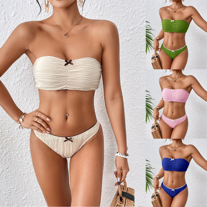 Dame Bandeau Bikini-sæt med rynker og dekorativ sløjfeaccent Stilla