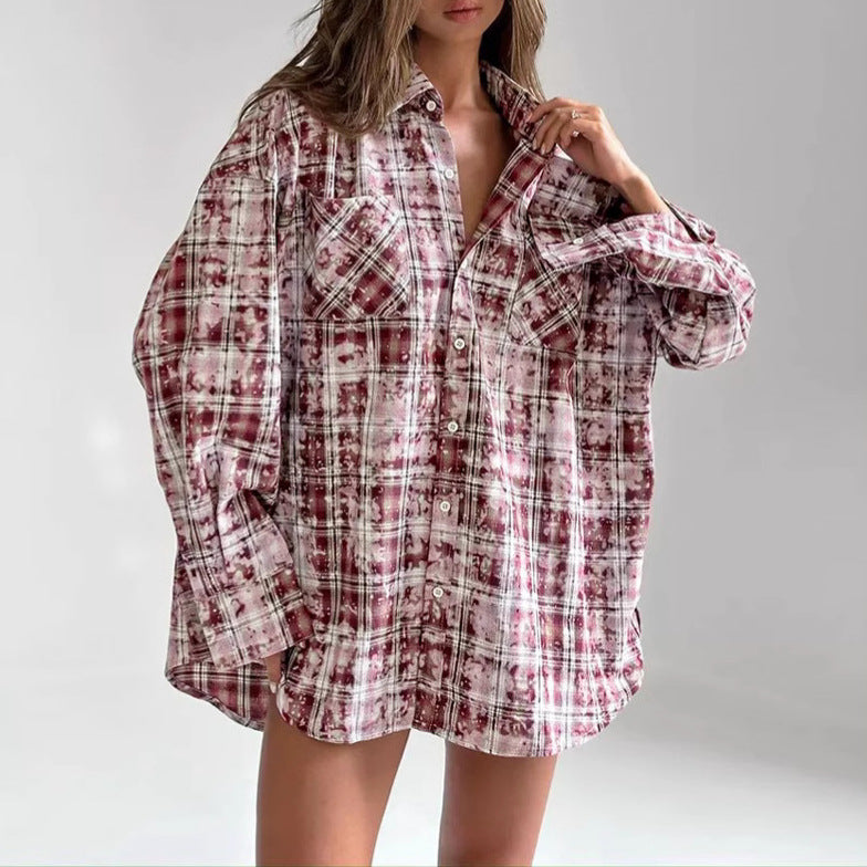 Dame Oversized Karo skjorte med brystlommer og afslappet snit Stilla
