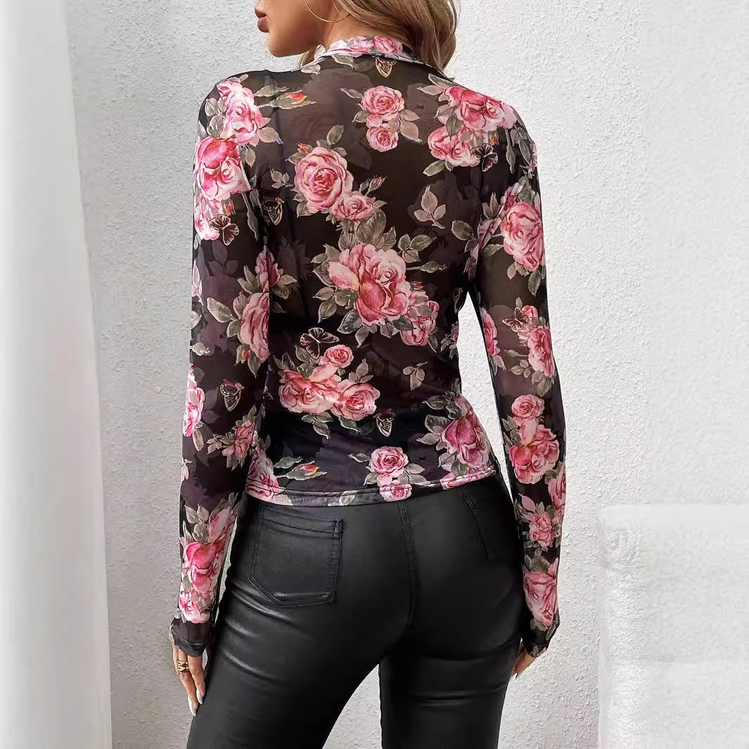 Dame nan transparent figurformende langærmet skjorte med blomstret rosentryk og ståkrave Skovae