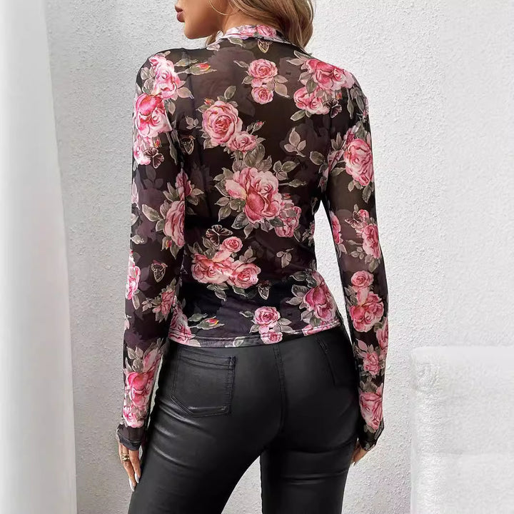 Dame nan transparent figurformende langærmet skjorte med blomstret rosentryk og ståkrave Skovae