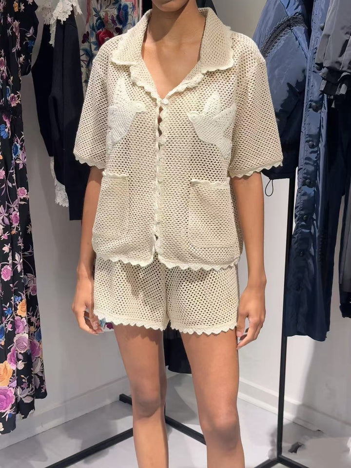 Dame Strik-Hotpants-Sæt med dekorativt hulmønster og legende detaljer Stilla