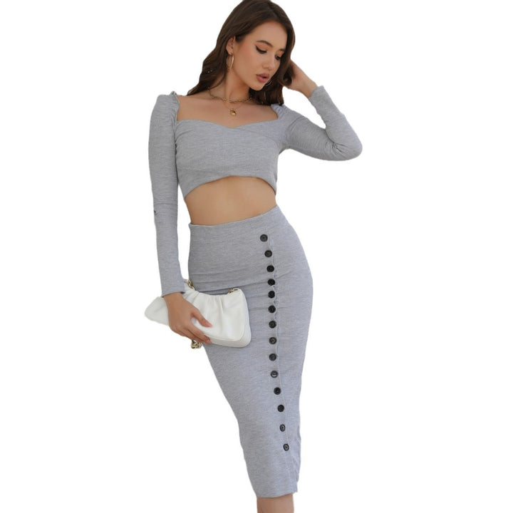 Dame Crop Top med knapdetalje og midi nederdel sæt Stilla