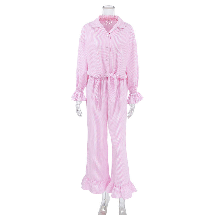 Dame pyjamasæt med ternet mønster og flæsedetaljer Stilla