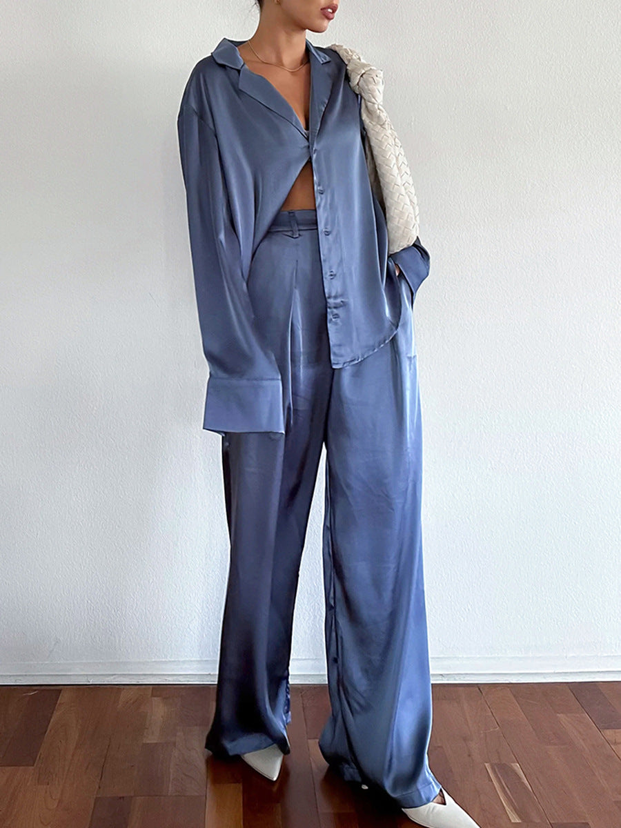 Dame Satin Bluse- og Bukse-Sæt med elegant pasform og højkvalitets snit Stilla