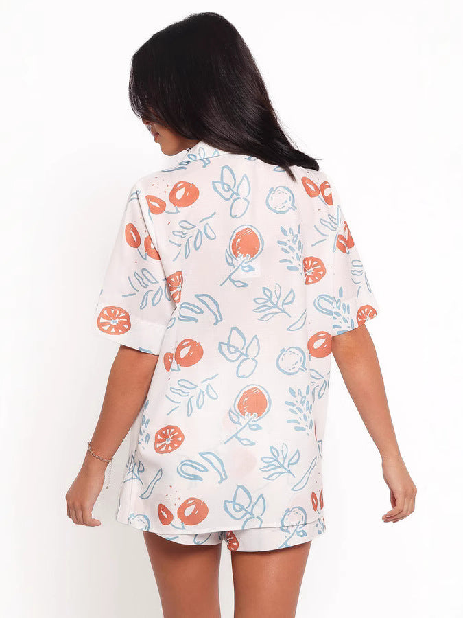 Dame kortærmet blouse sæt med legende mønster og snore detaljer Stilla