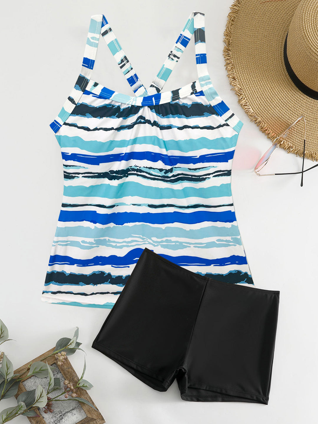 Dame Sporty Tankini-sæt med stribet top og shorts-agtig bund Stilla