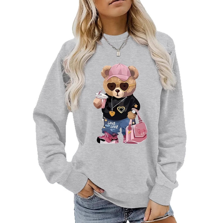 Kvinders sweatshirt med unikt tegneserie-bjørn design og trendy tekst Stilla