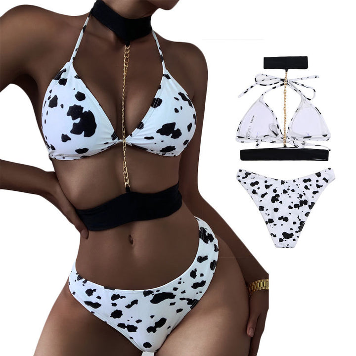 Dame Triangel-Bikini med moderigtig kühmønster og trendy Choker Stilla