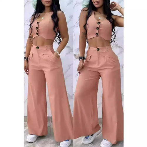 Dame stilfuld Crop-Top og bred buks sæt med knapdetaljer Stilla