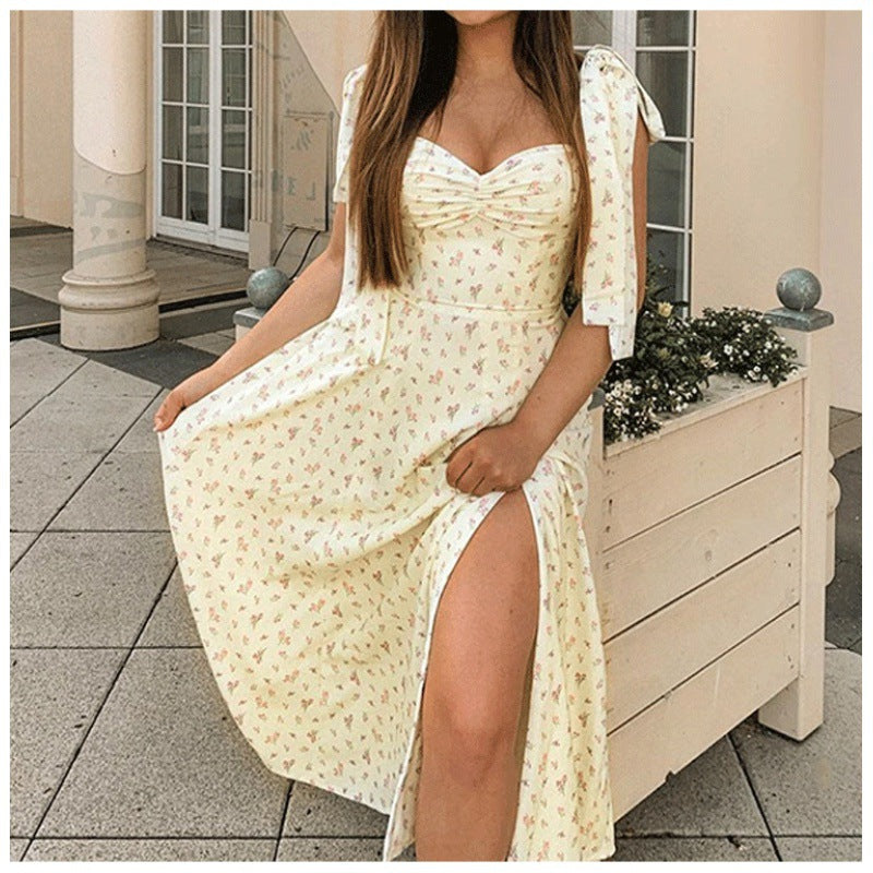 Dame Floral Print Maxi Kjole med Sløjfærmer Stilla