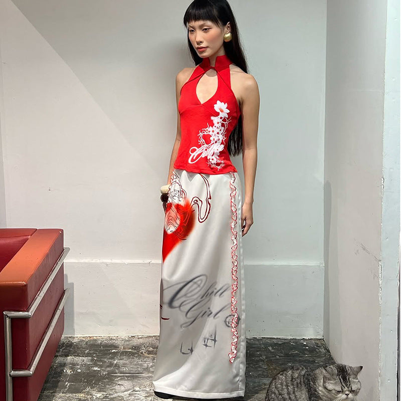 Dame elegant Maxi-kjole med raffineret halter-design og unikt tryk Stilla