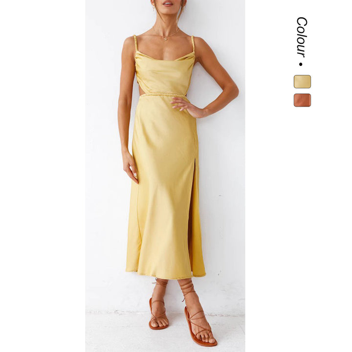 Ladies Satin Maxi Dress with Elegant Wrap Design and Refined Ruffles