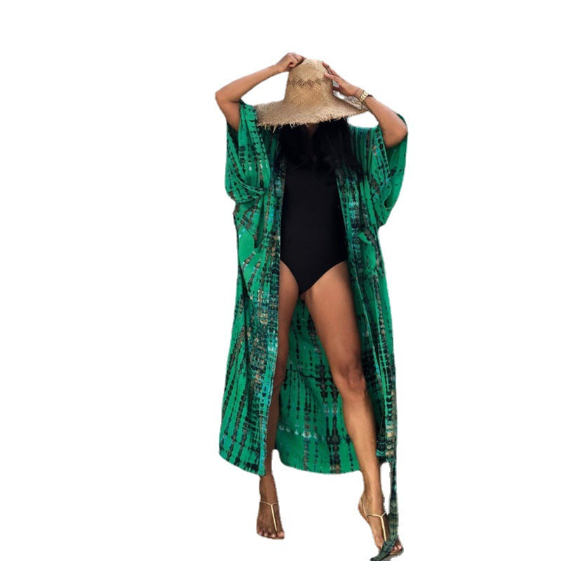 Dame strandvenlig kaftan med lang skæring og elegant bindebælte Stilla