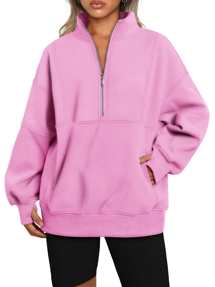 Dame Sporty Hoodie med halvdelen lynlås og voluminøse ærmer Stilla