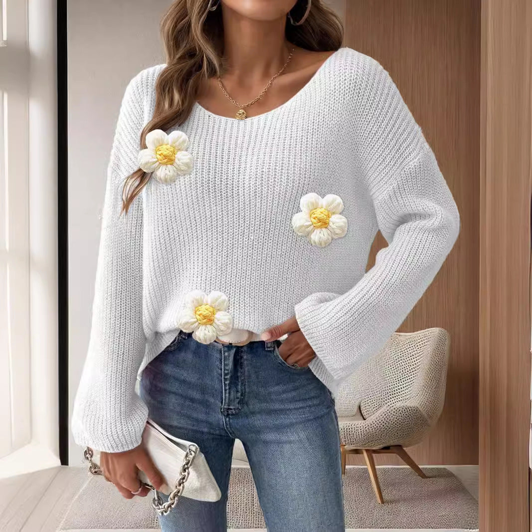 Kvinders strikket sweater med blomster 3D-design og brede ærmer Stilla