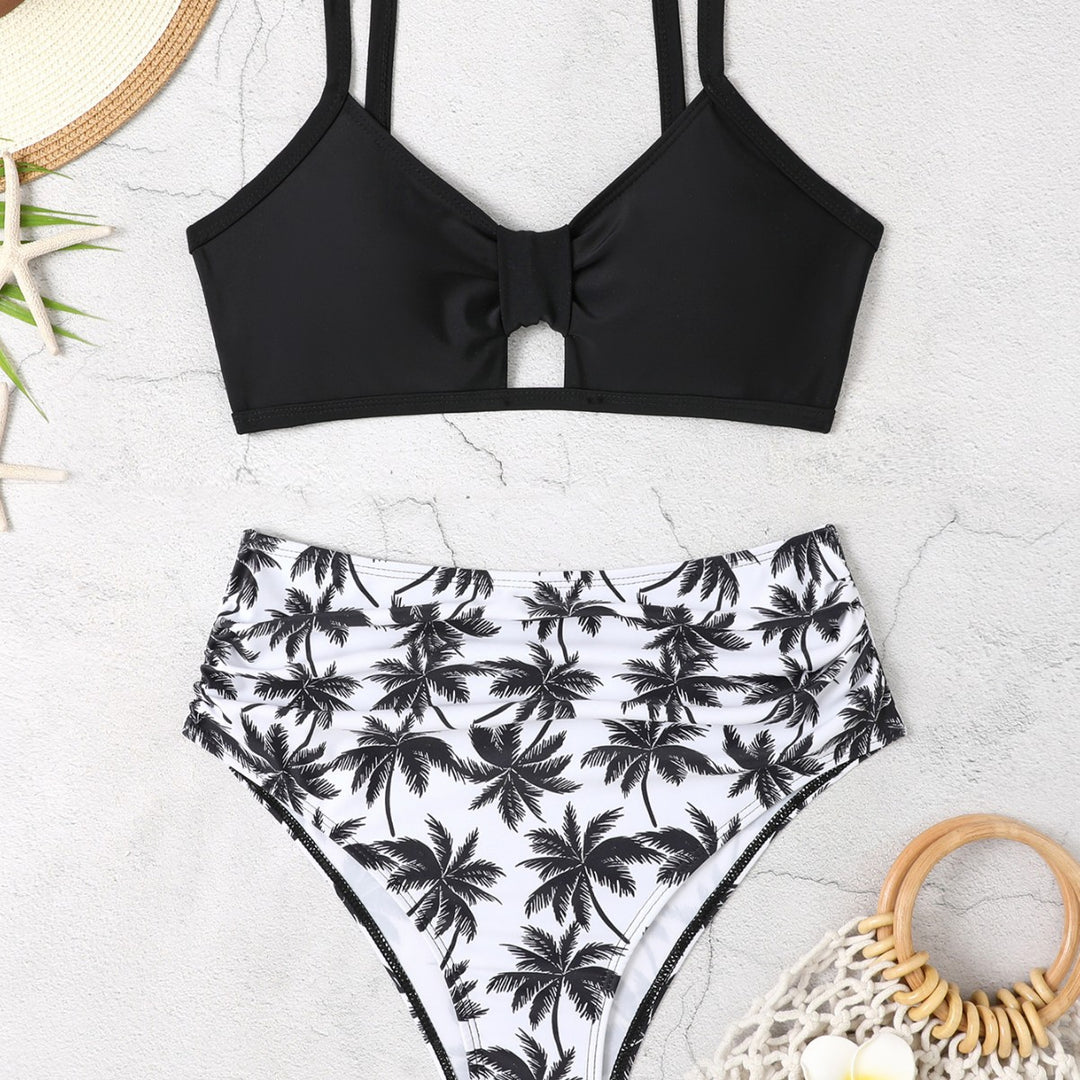Dame bikini-sæt med blomster-høj talje og moderne knude Skovae