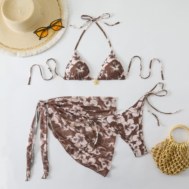 Dame Bikini-sæt med blomsterdesign og raffineret indpakningsskørt Skovae