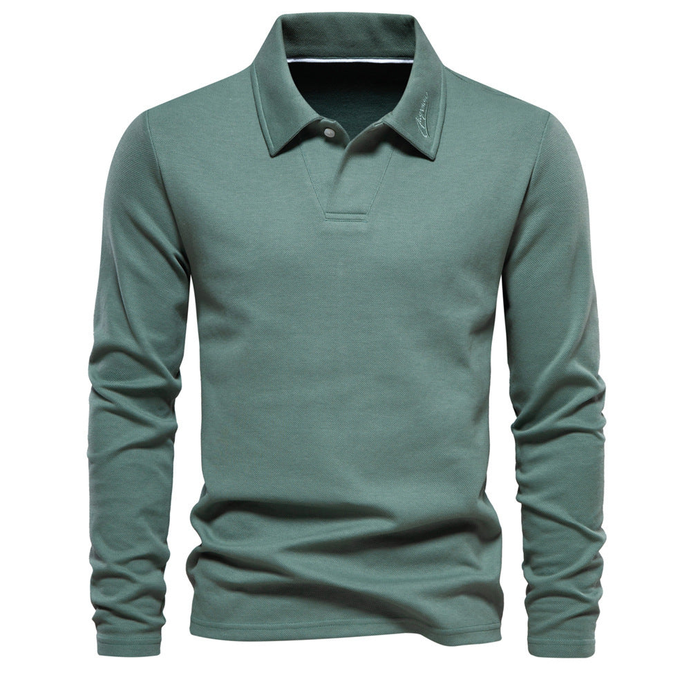 Herrer langærmet polo shirt med åben V-hals, smal pasform og tone-i-tone kravebroderi Skovae